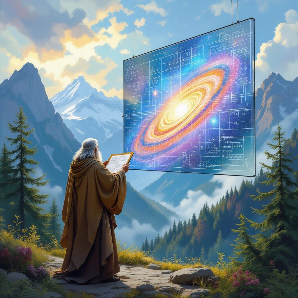 Wise Scholar Examines Universe Map in Neo-Expressionist Styl...