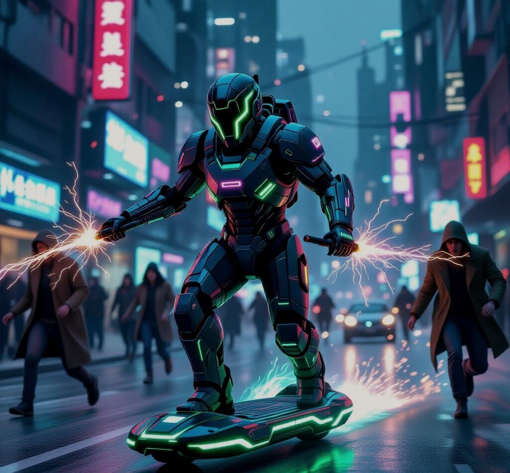 Cyberpunk Robot Rides Hoverboard Through Chaotic City