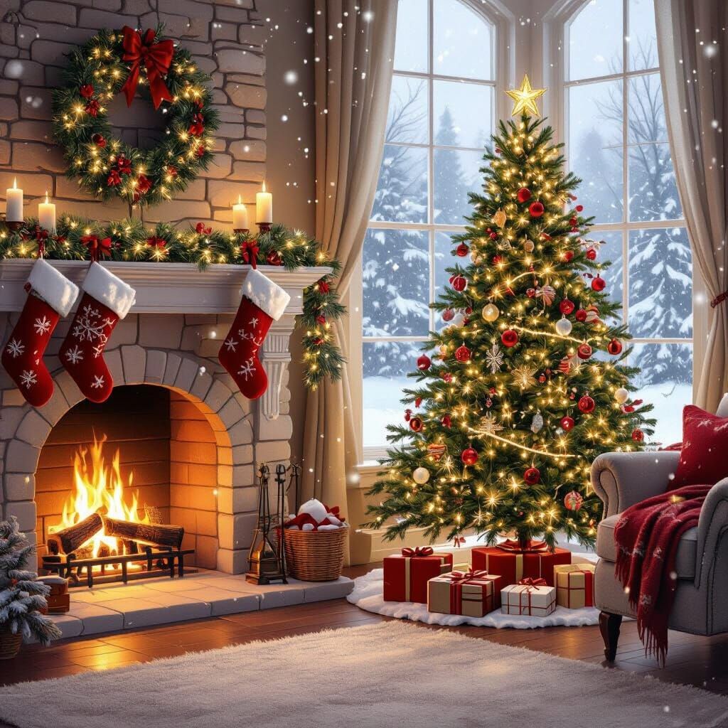 Cozy Christmas Living Room with Fireplace and Snow