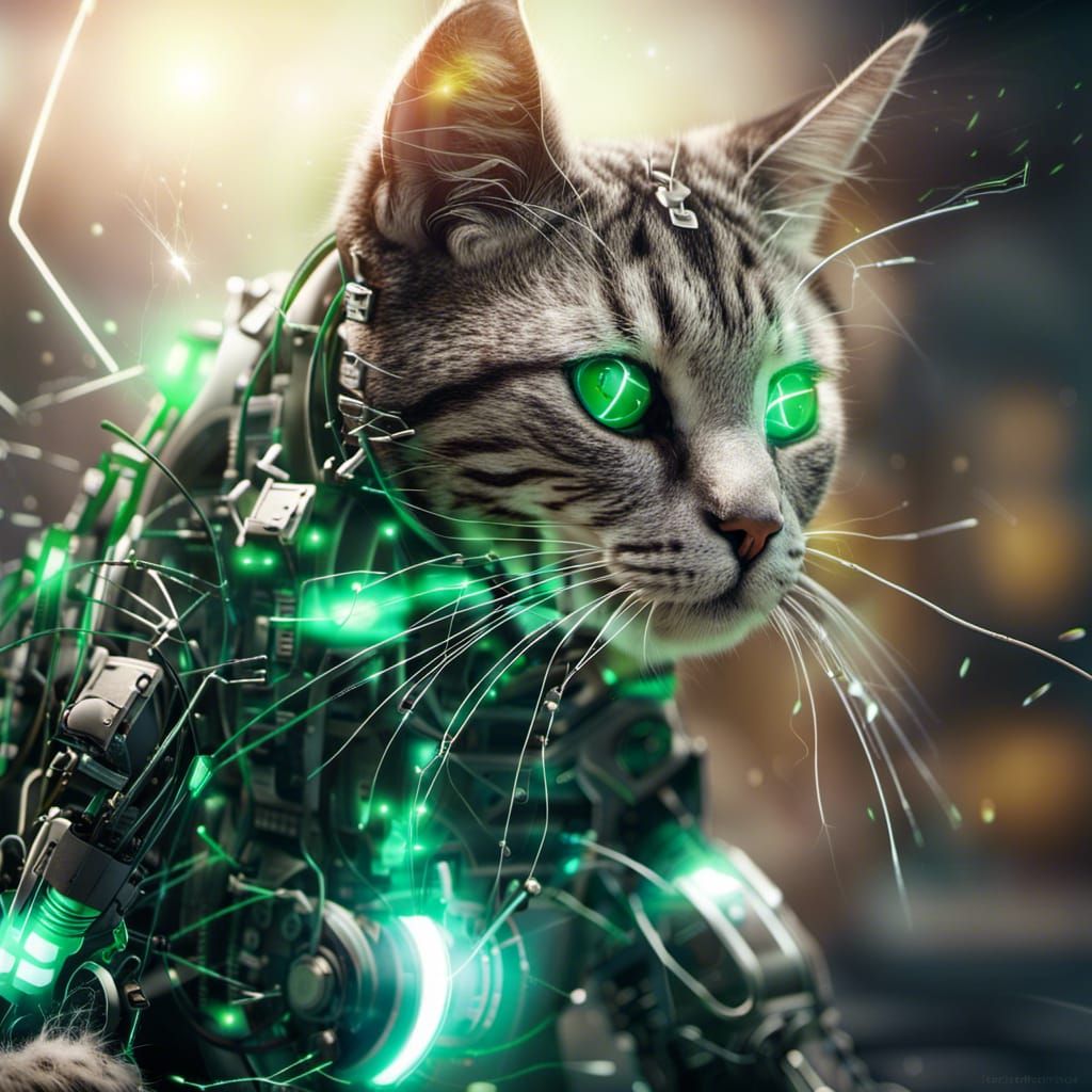Cyborg Cat Portrait with Electrical Sparks