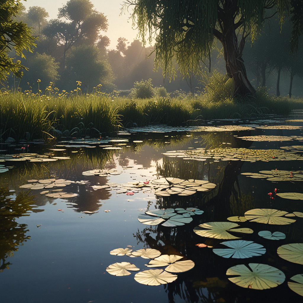 Low Poly Claude Monet's Ninfee in Dreamy Oil Painting Style