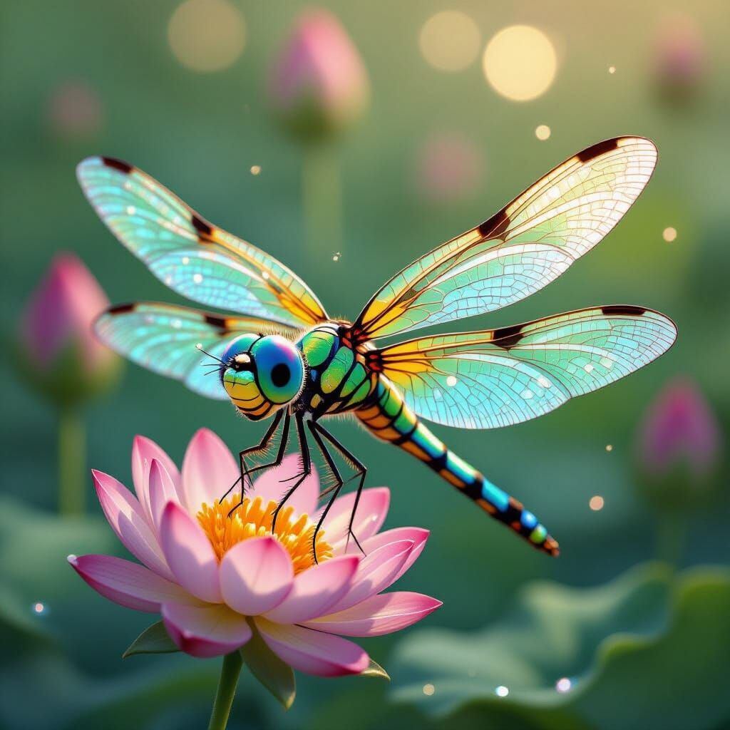 Cute Chibi Lotus Dragonfly with Glowing Wings