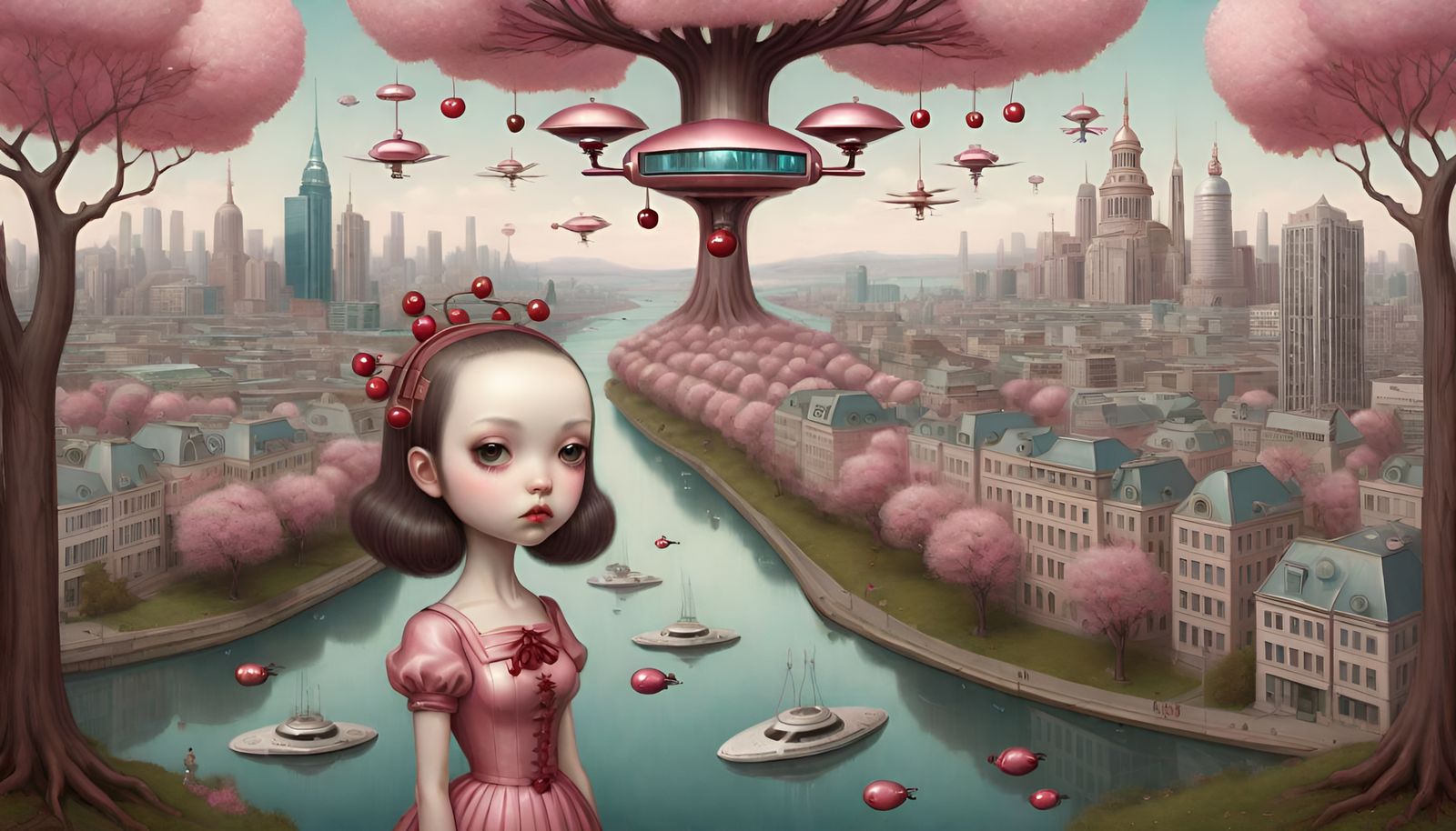 Cherry Tree Girl in Futuristic Metropolis