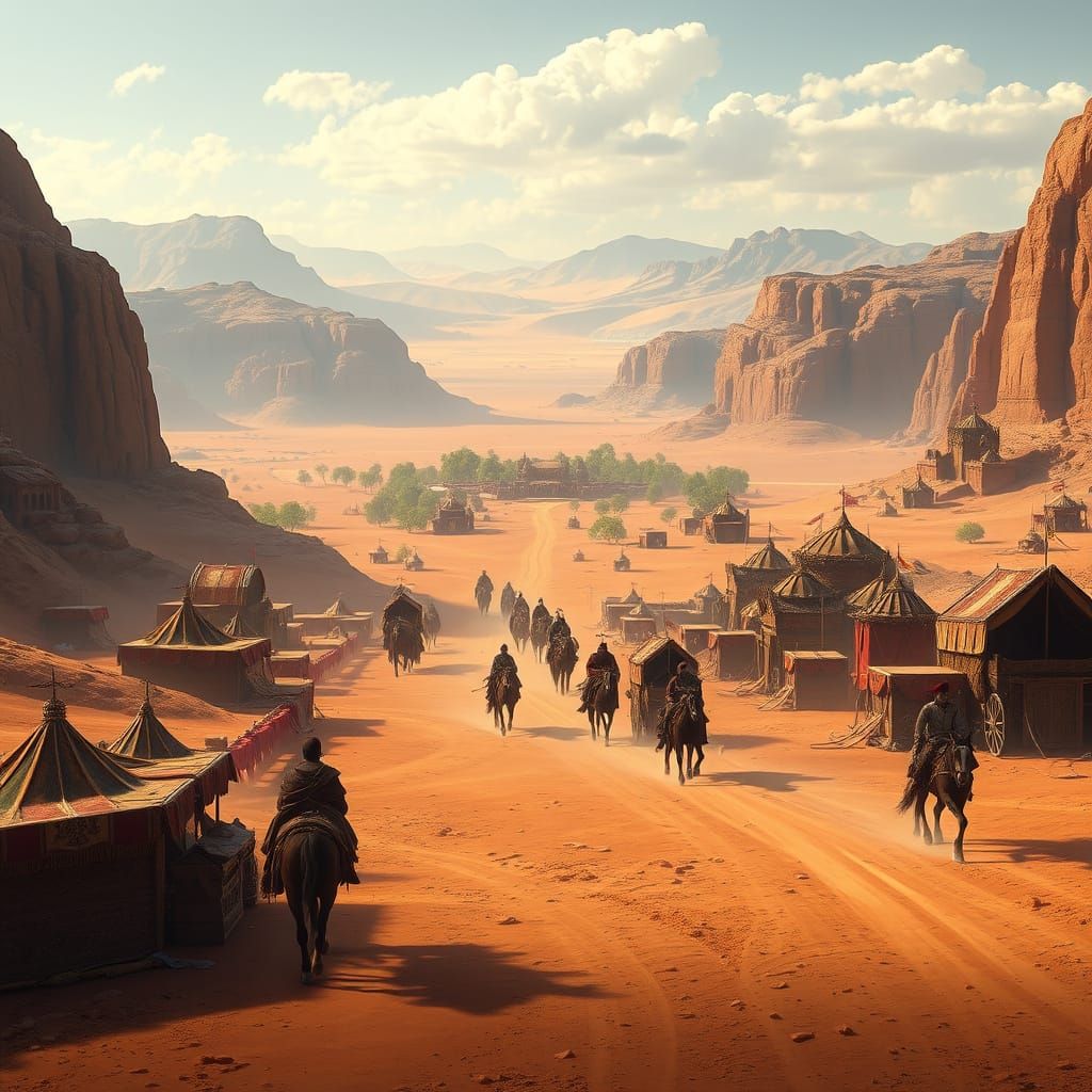 Medieval Spice Road Oasis in a Vast Arid Landscape