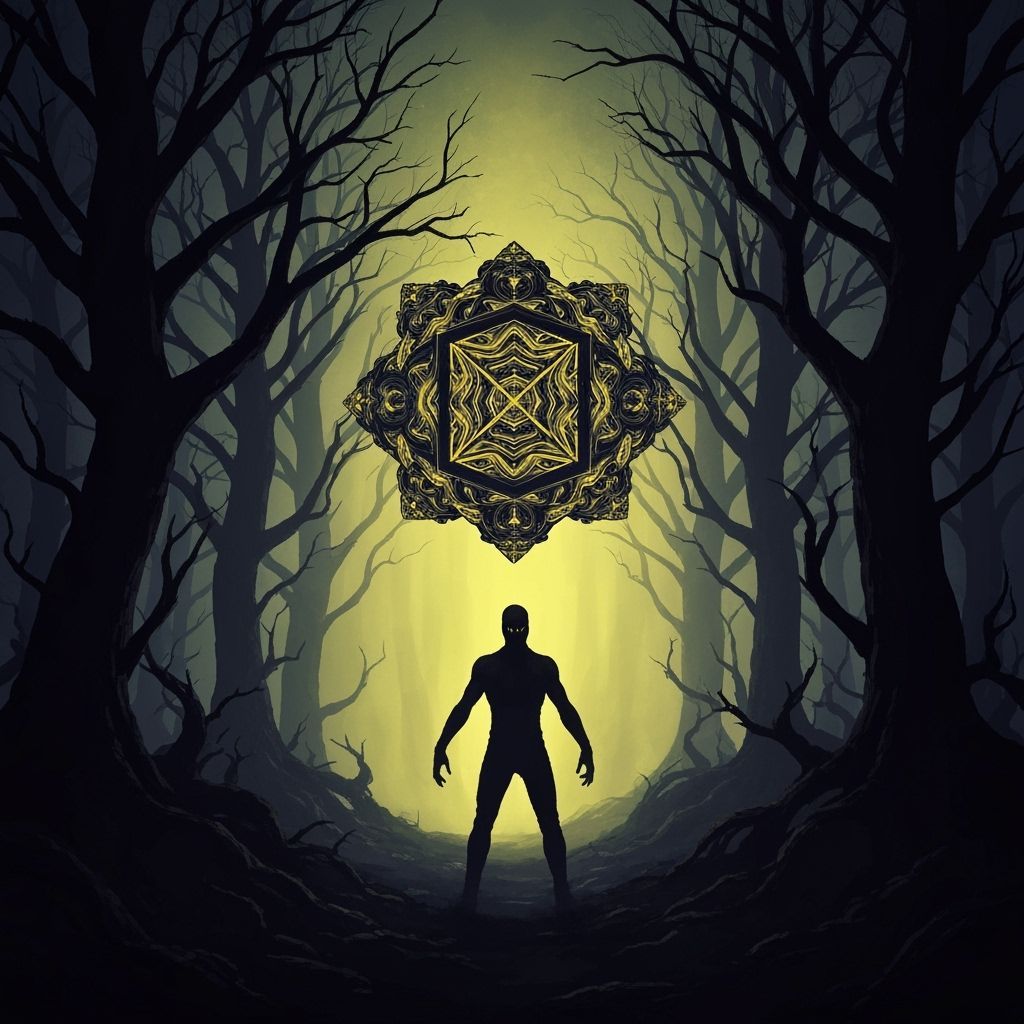 Shadow Figure and Mystical Artifact in Dark Fantasy Art