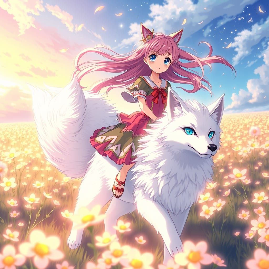 Magical Girl Riding Giant Fox in Glowing Flower Field