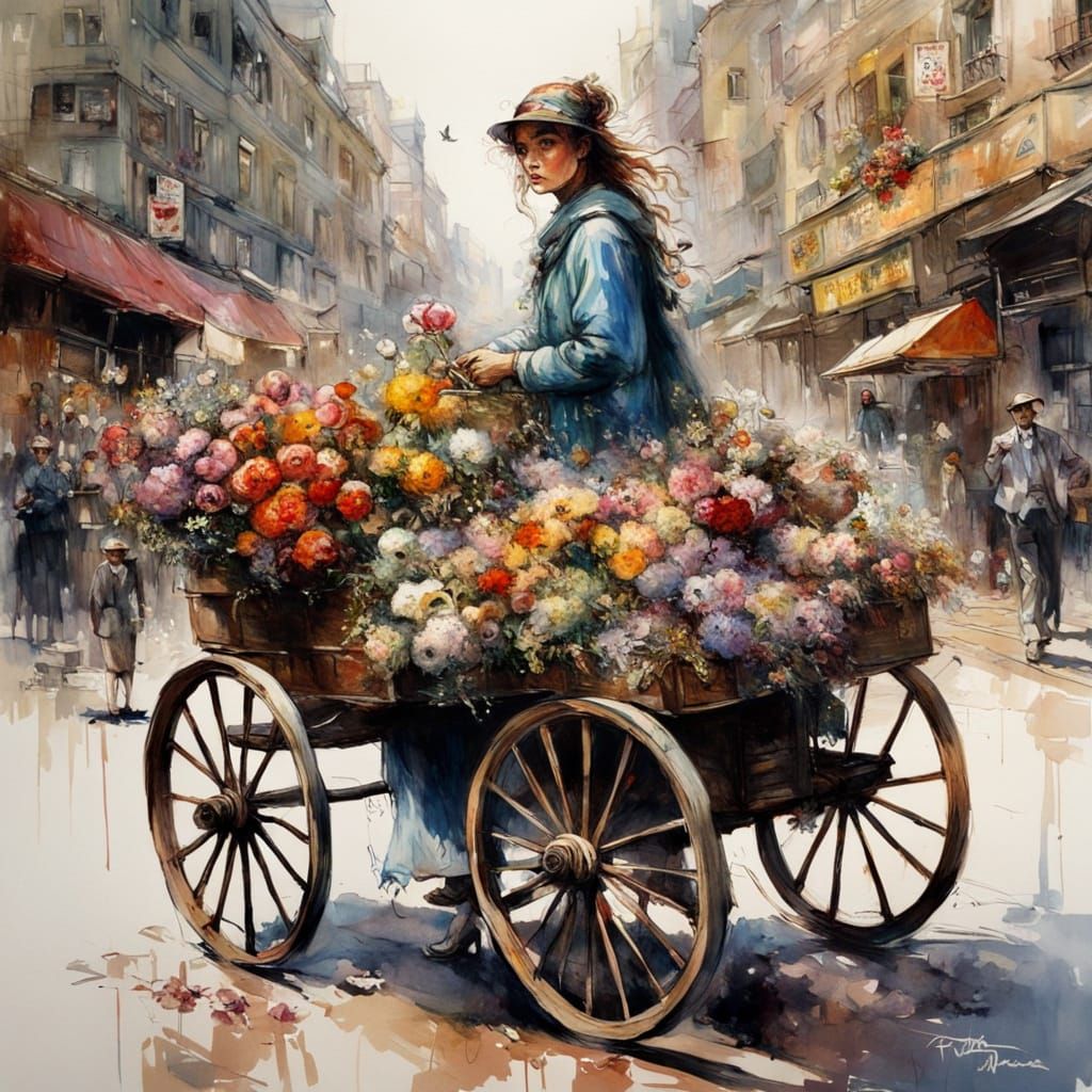 A Flower Seller in Whimsical Street Scene