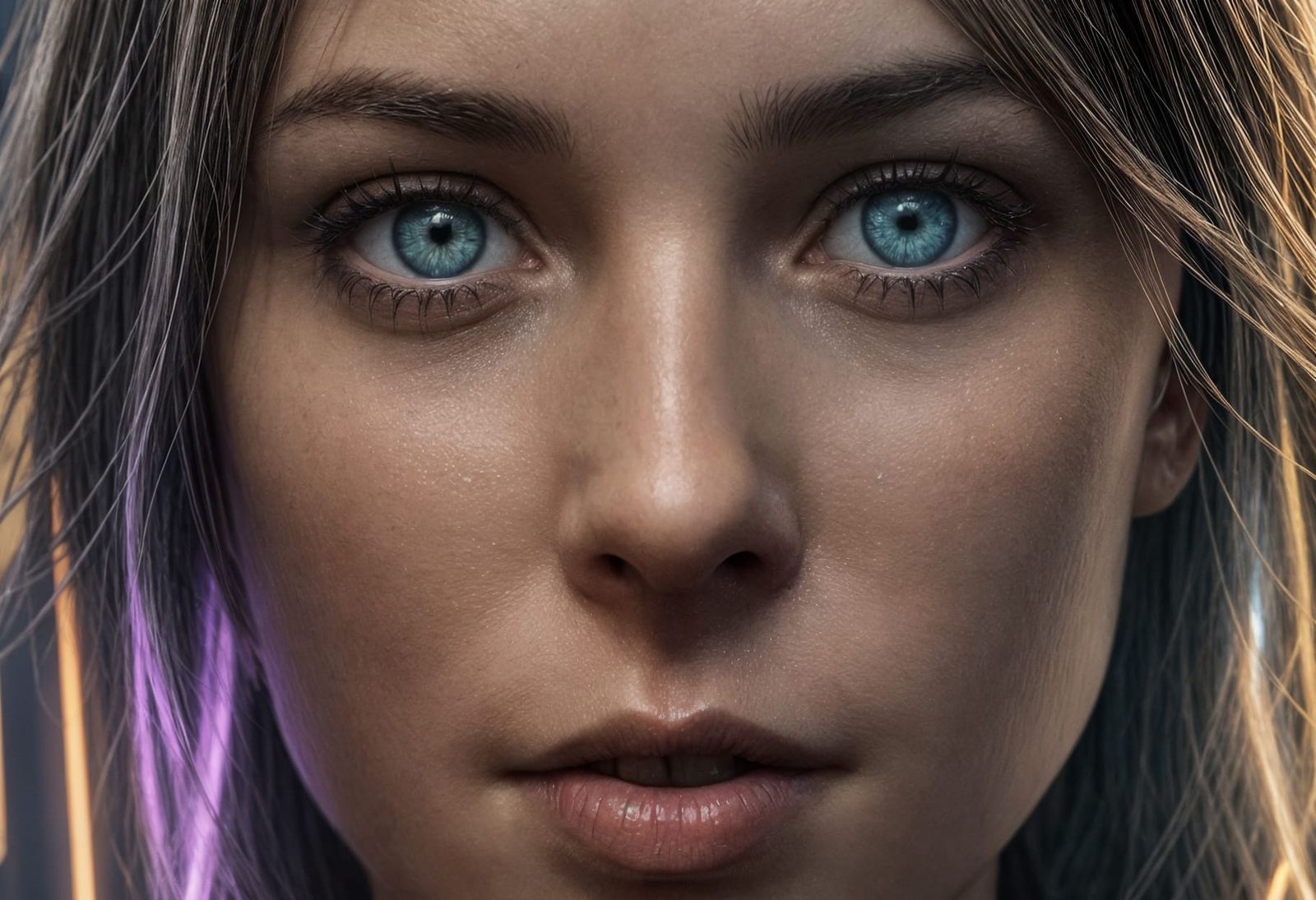 Cyberpunk Man with Anxious Expression, Lit by Neon Light