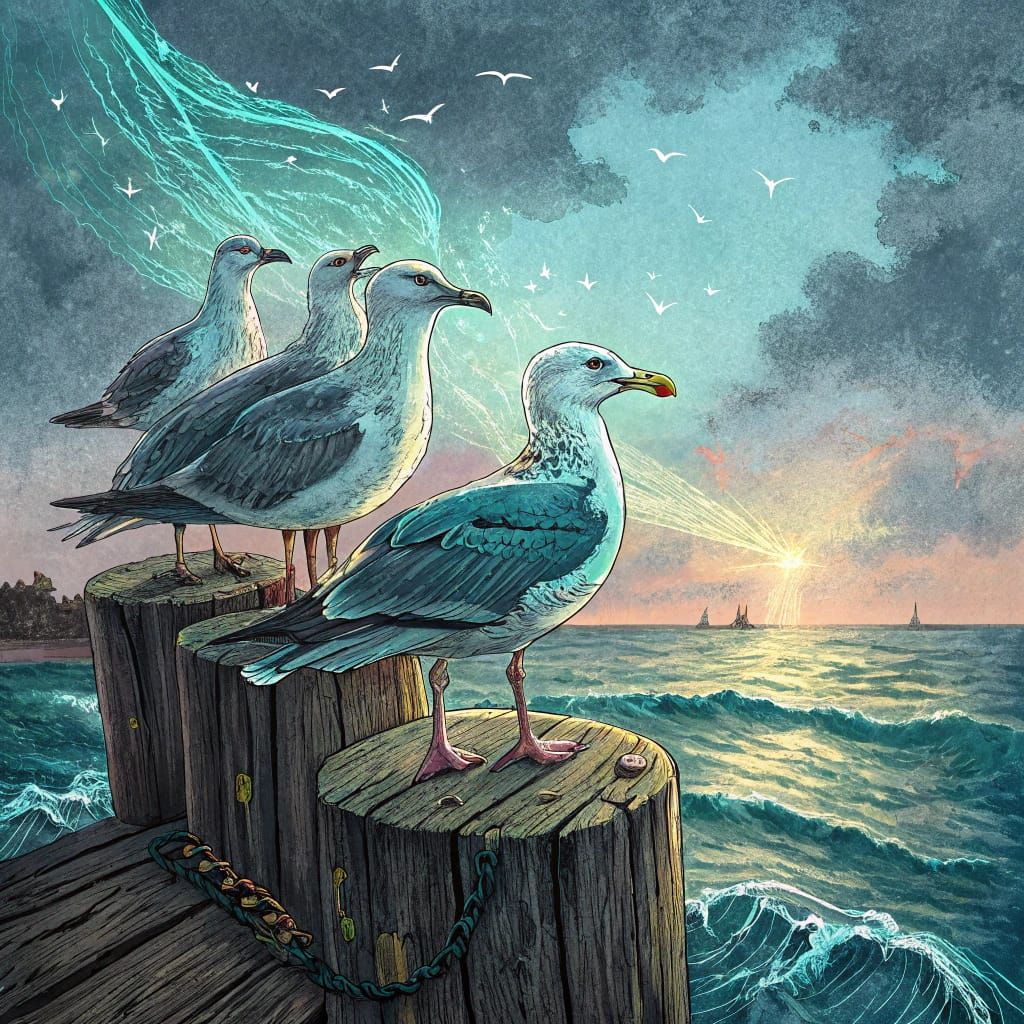 Neon Seagulls Perched on Weathered Dock