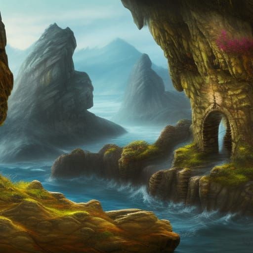 Fantasy Nordic Huts on Rocky Pillars, Detailed Matte Paintin...