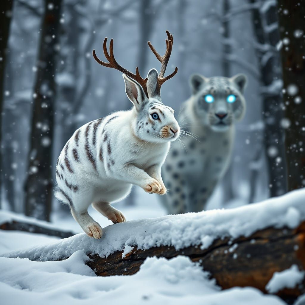 Majestic Rabbit Leaps with Snow Leopard in Cinematic Forest...