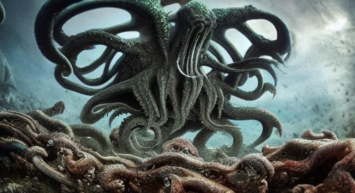 Hyperrealistic Cthulhu Attacks Underwater Ruins