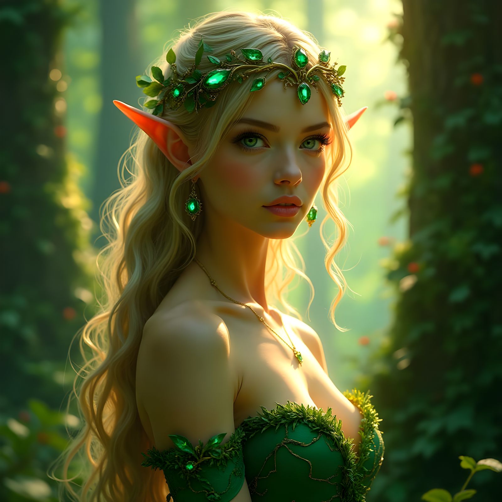 Half-Elven Queen in Enchanted Forest, Golden Light