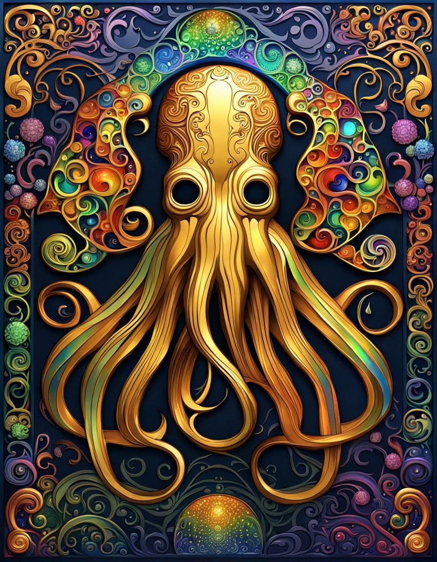 Rainbow Cthulhu in Klimt-Inspired Art Nouveau Style