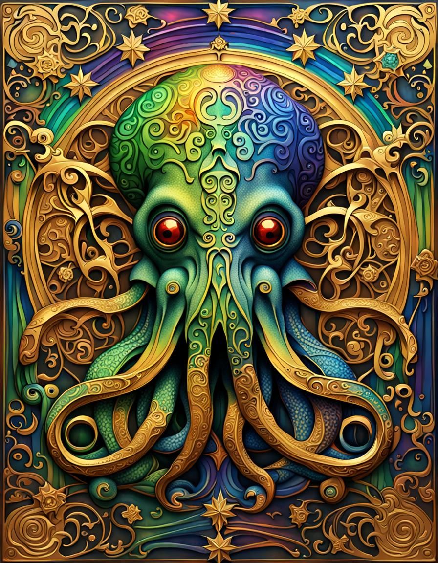 Rainbow Cthulhu in Gold Art Nouveau Style