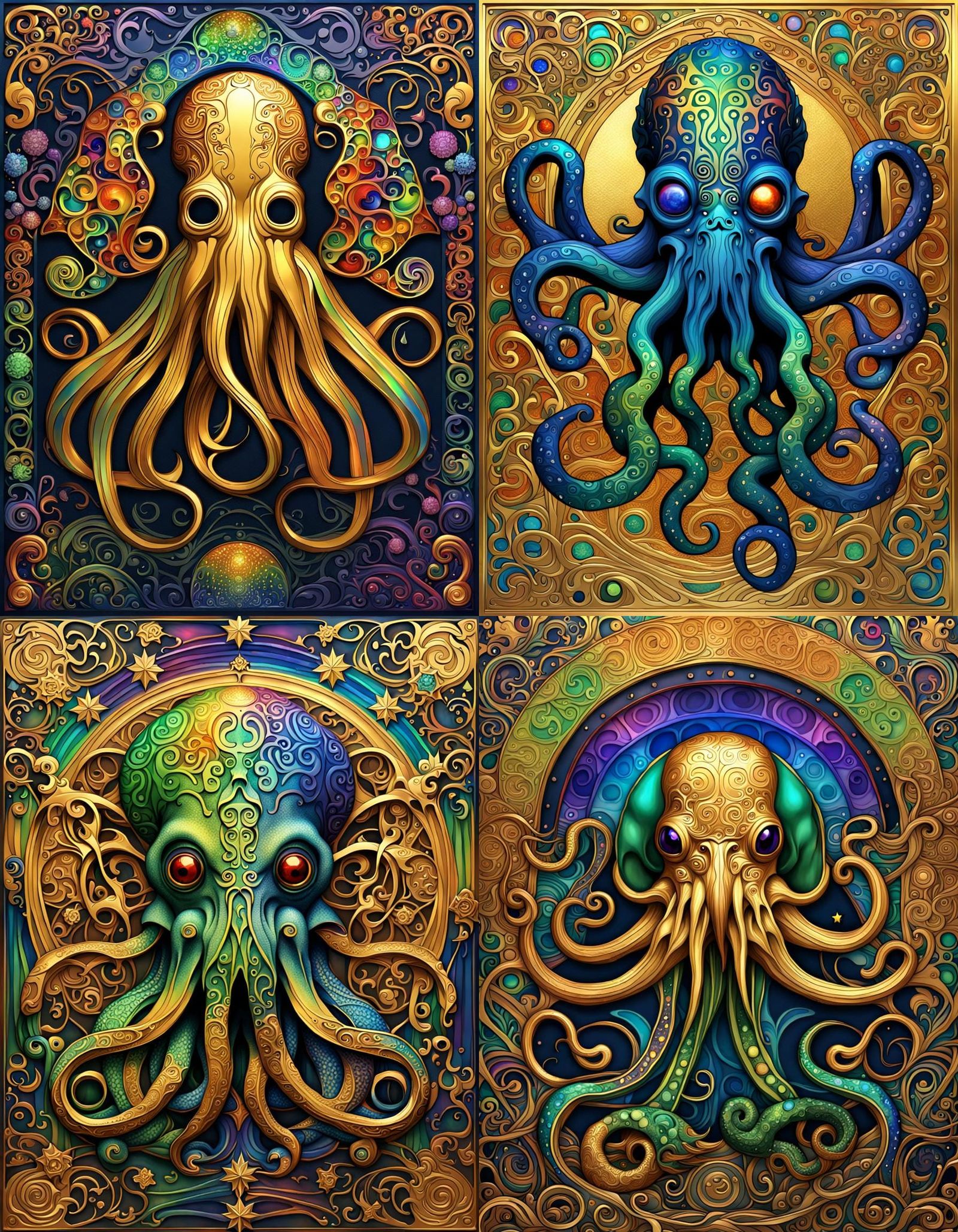 Golden Rainbow Cthulhu in Art Nouveau Style