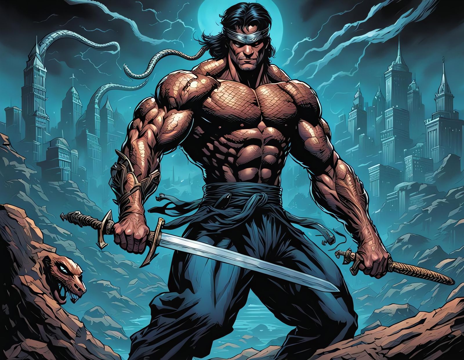 Muscular Snake Man with Sword: Comic Book Art
