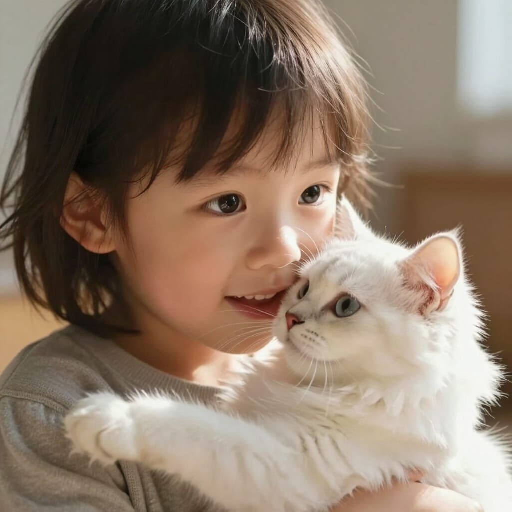 Hyperrealistic Child and Kitten Play in Soft Light