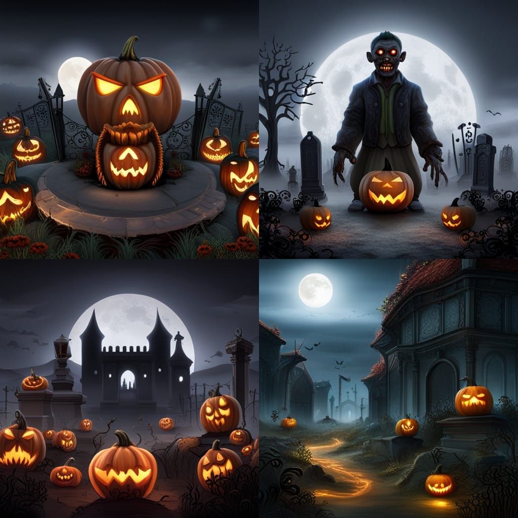 Halloween Scene with Zombie and Jack-o-Lantern