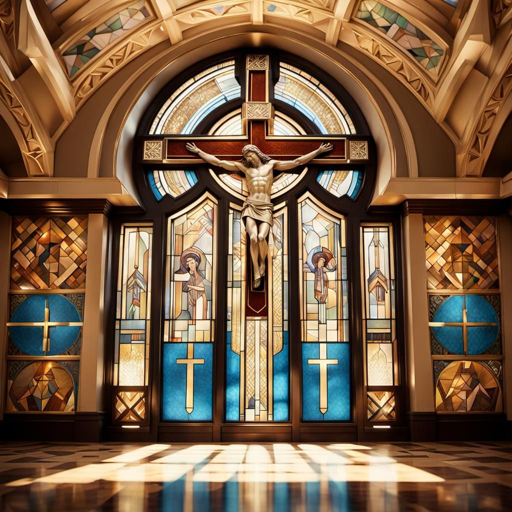 Art Deco Christ: Geometric Interior with Gold Accents