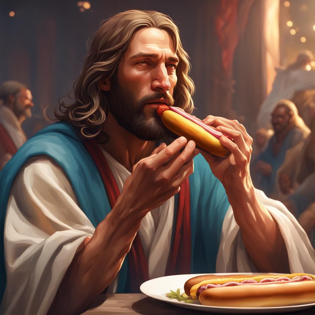Jesus Christ Eating a Hot Dog: Detailed Portrait