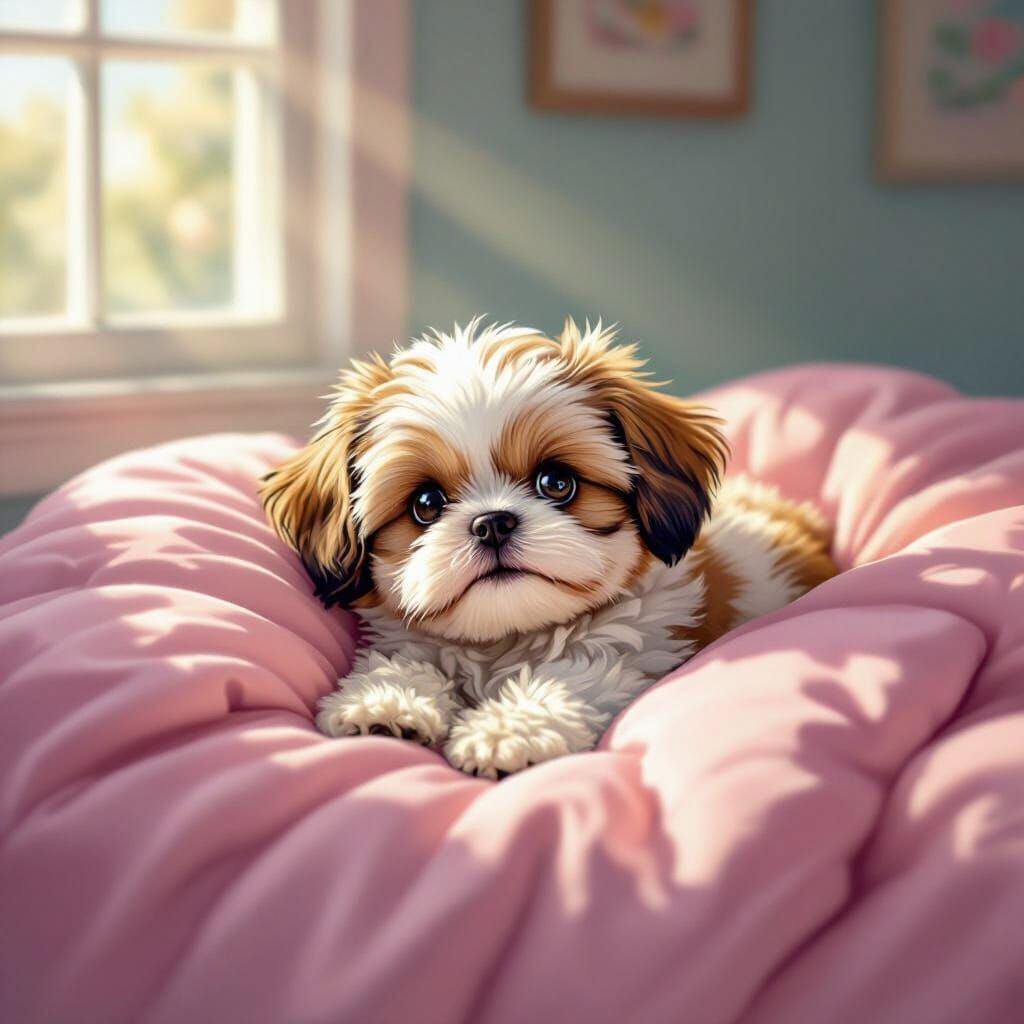 Adorable Shih Tzu Puppy Rests on Pink Bed in Storybook Style