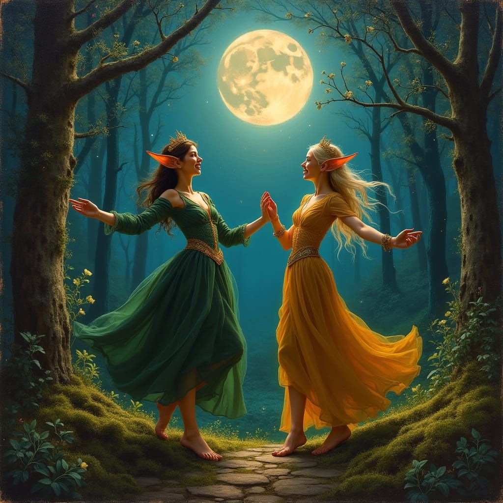 Elves Dancing Under Moonlit Sky, Detailed Oil Painting