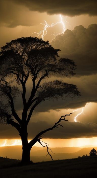 Dramatic Tree Silhouetted Against Stormy Sky in Film Noir St...