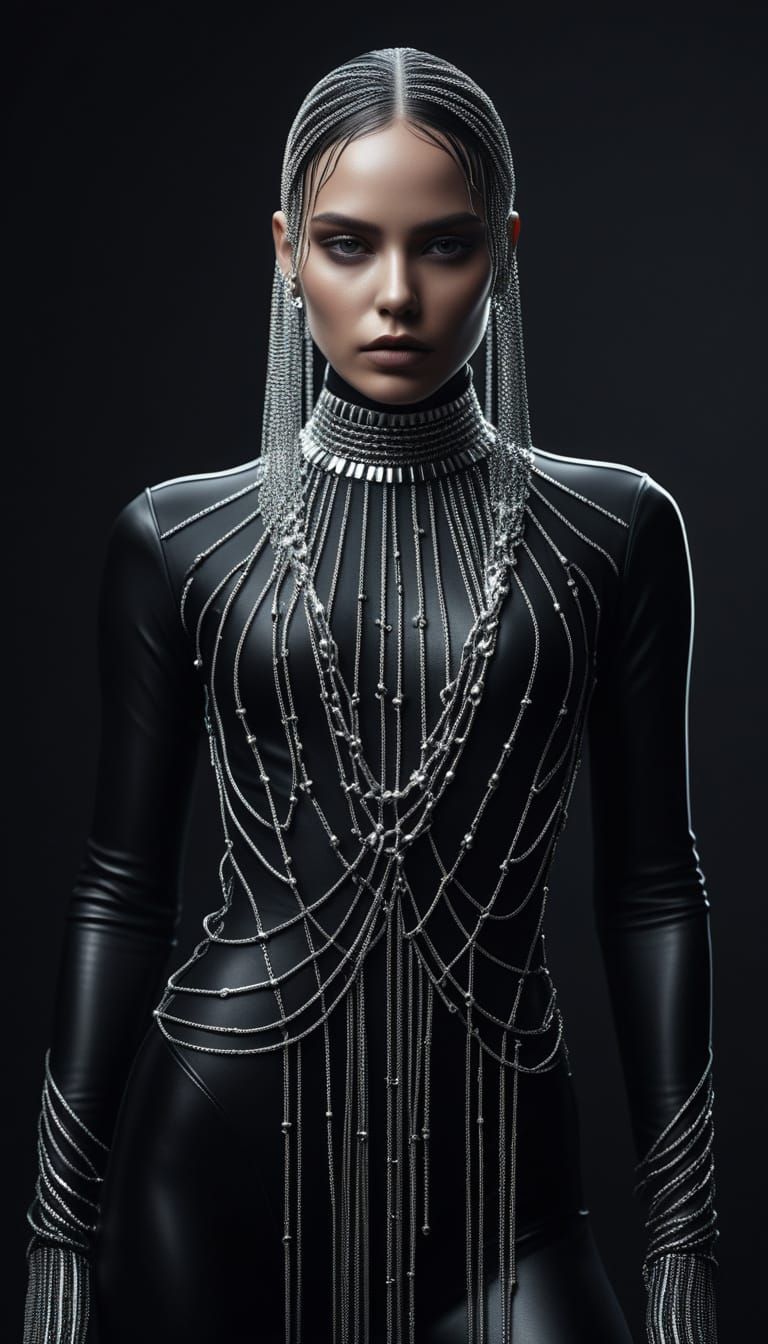 Woman with Silver Beaded Hair in Dramatic Studio Lighting