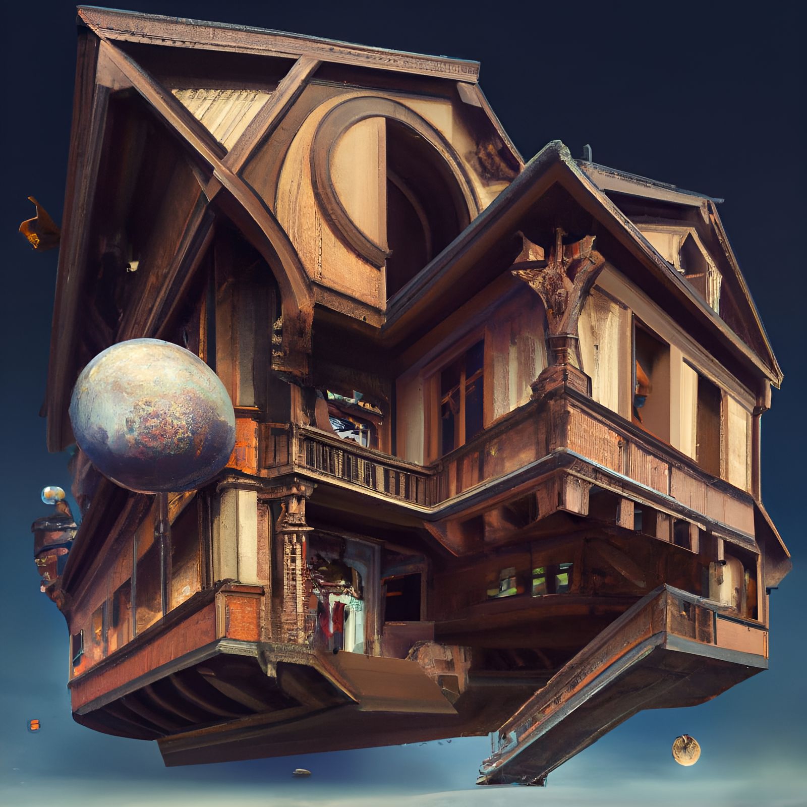 Surreal Floating Wooden House in Dark Fantasy Style