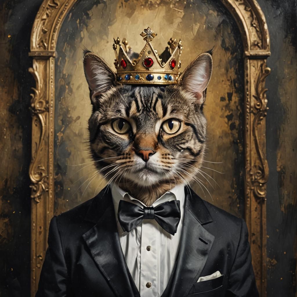 Anthropomorphic Cat Royalty in Tuxedo Portrait