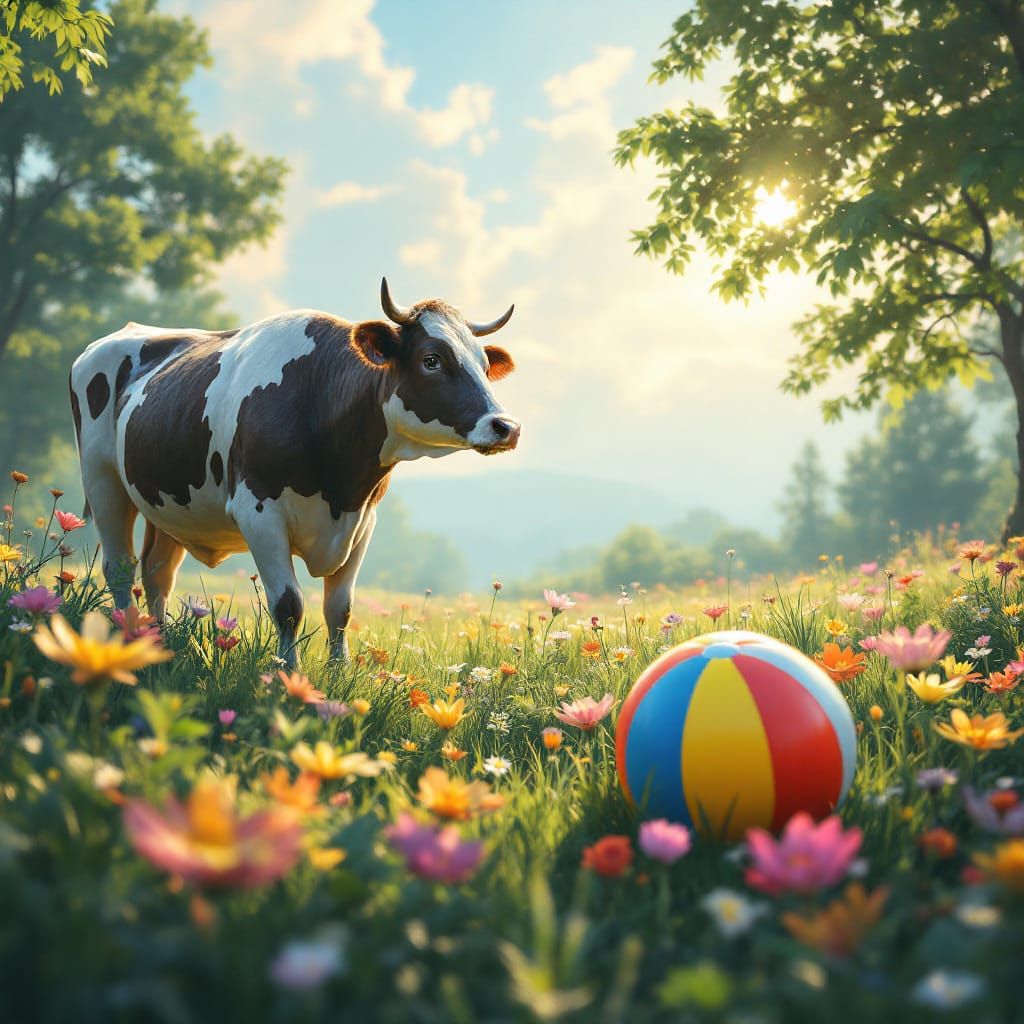 Cow Confronts Beach Ball in Wildflower Pasture
