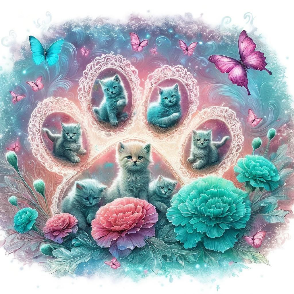 Kittens in Pawprint: Watercolor Digital Art