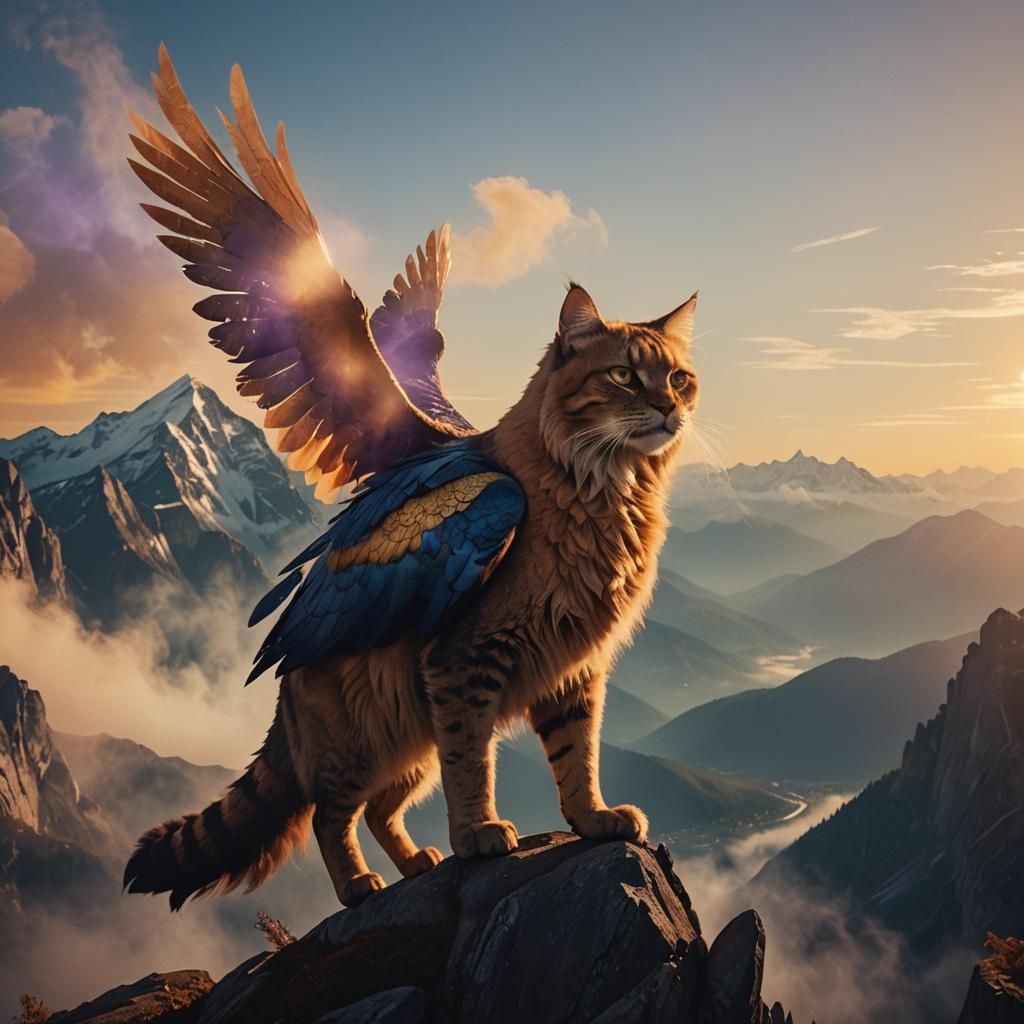 Winged Giant Cat on Misty Mountain