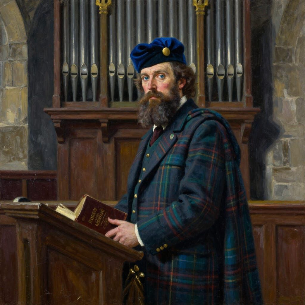 Scottish Highlander in Tartan Preaches in Stone Church