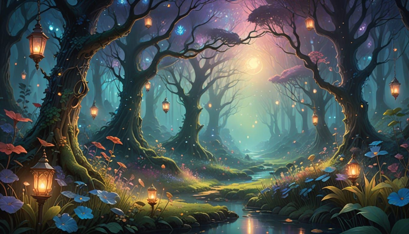 Mystical Ethereal Forest Scene with Enchanting Creatures