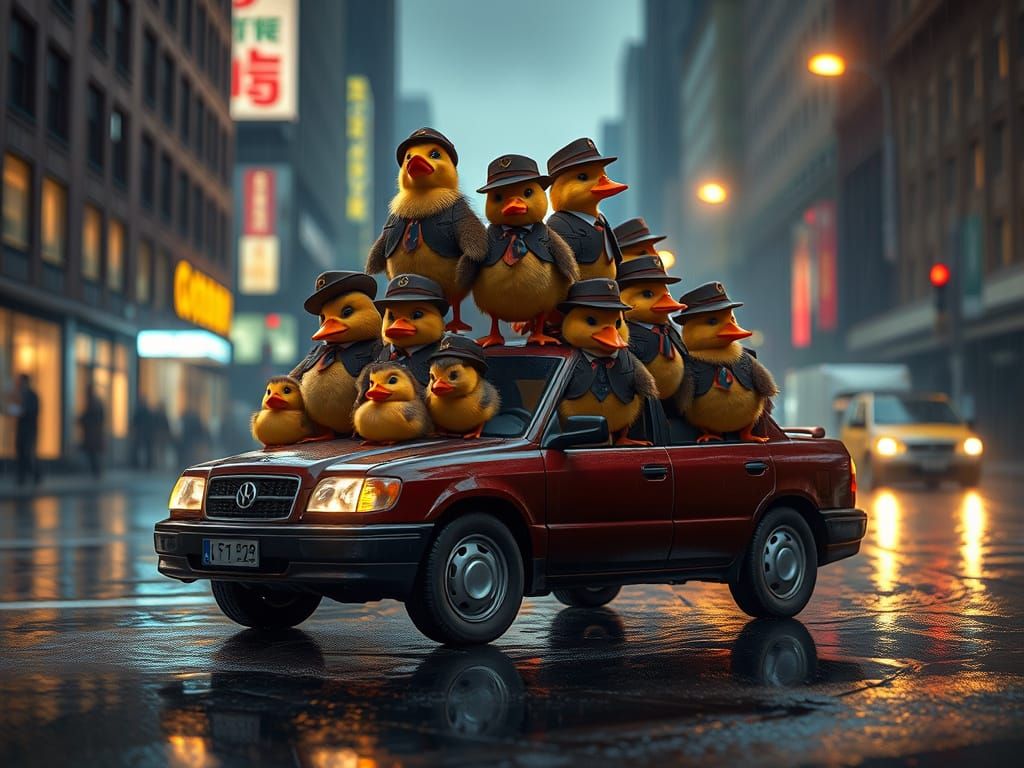 Duckling Car on Rainy Street, Cinematic Style