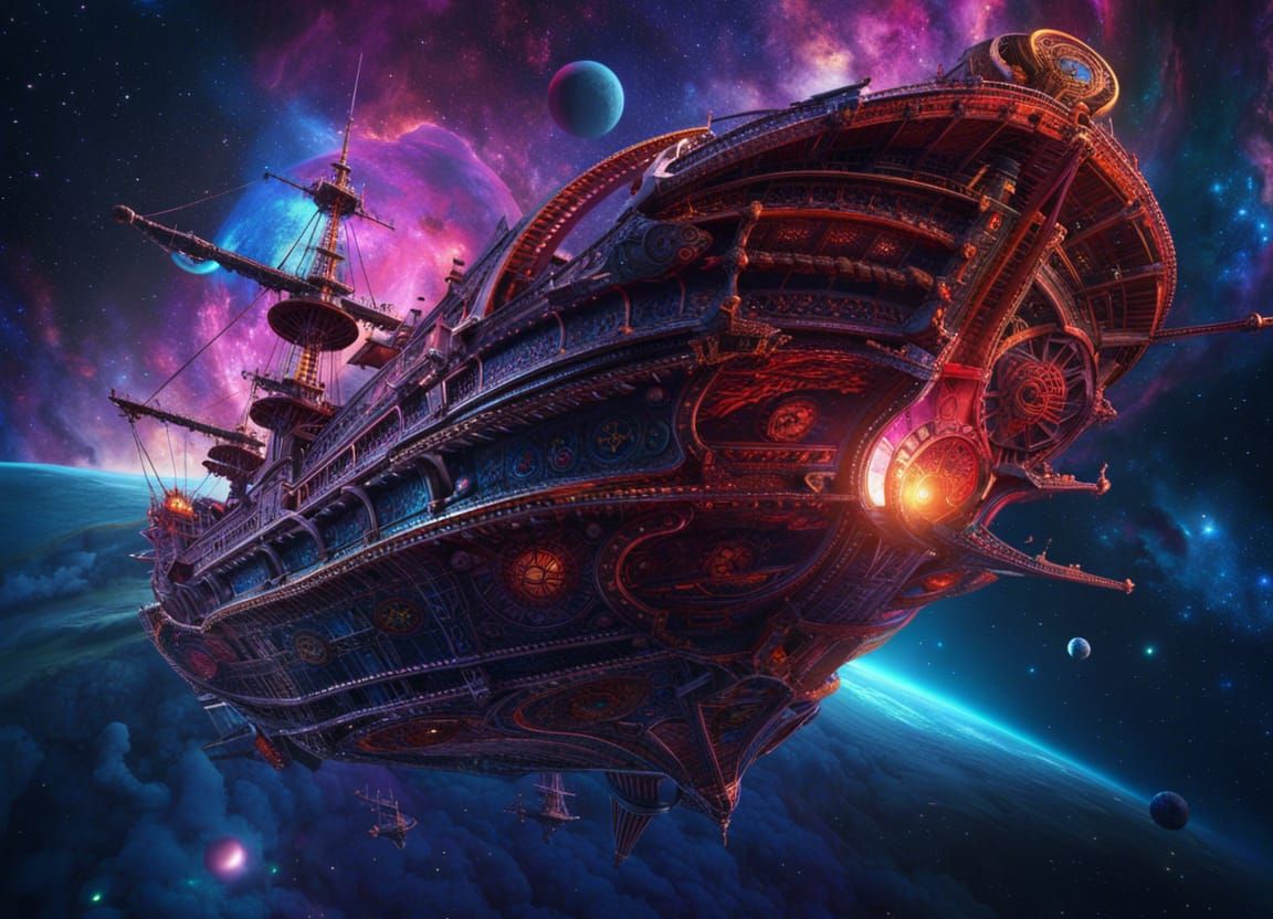 Galactic Pirate Ship Soaring Through Space in Fantasy Art St...