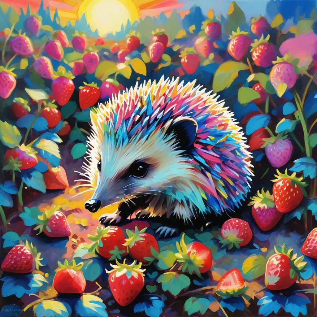 Fluorescent Hedgehog's Strawberry Feast: Fauvist Oil Paintin...