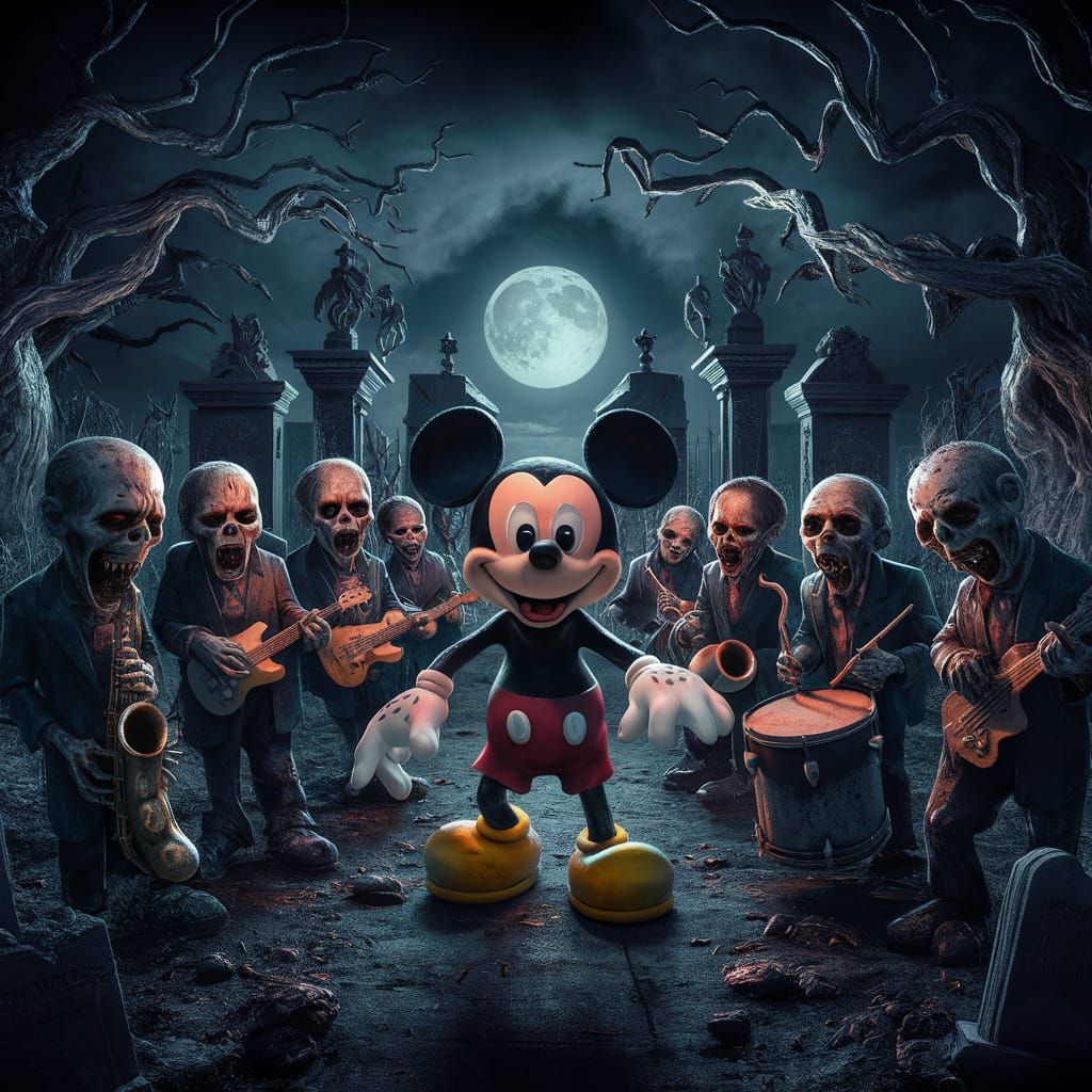 Mickey Mouse and Zombies in Graveyard Digital Painting