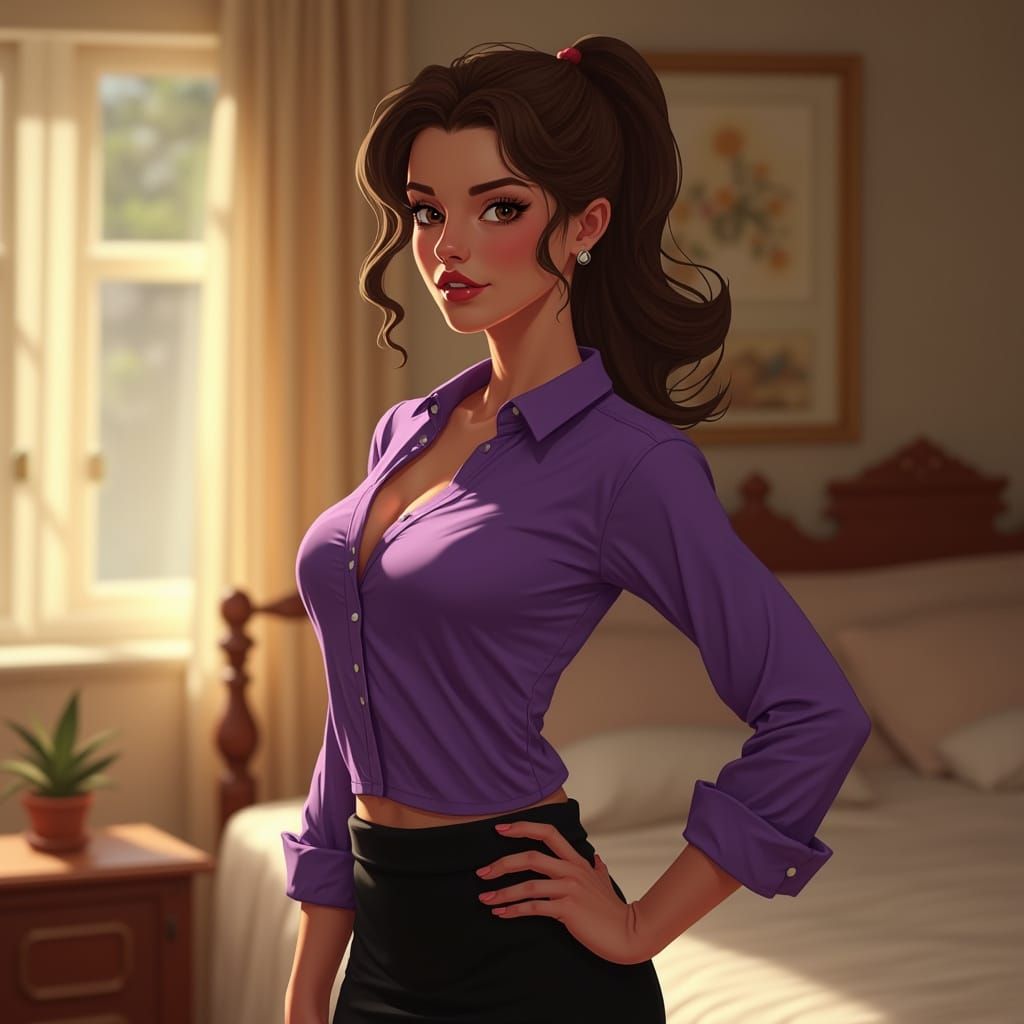 Young Woman Poses in Cozy Bedroom with Purple Shirt