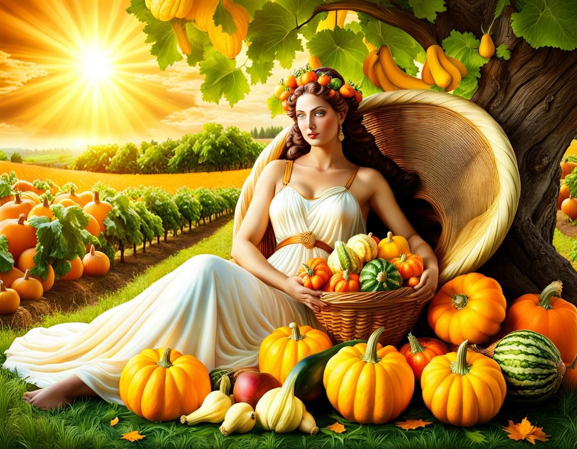 Luminous Goddess Demeter in an Orchard