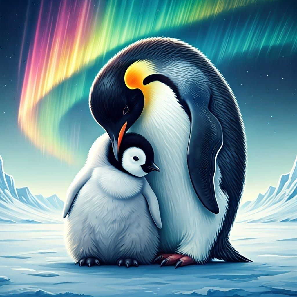 Whimsical Penguin Family Moment in Serene Arctic Landscape