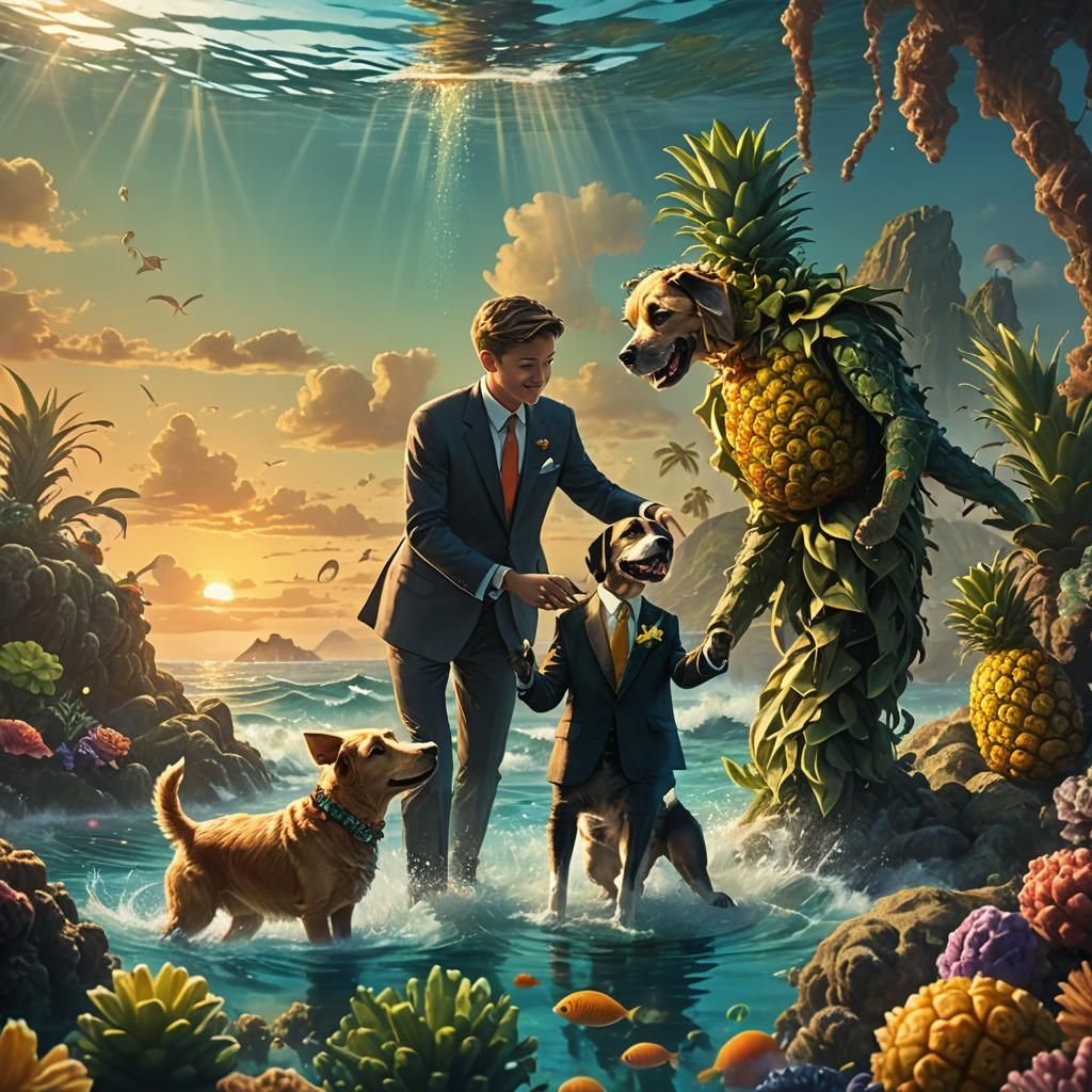 Boy Proposes to Dog in Pineapple House, Digital Art