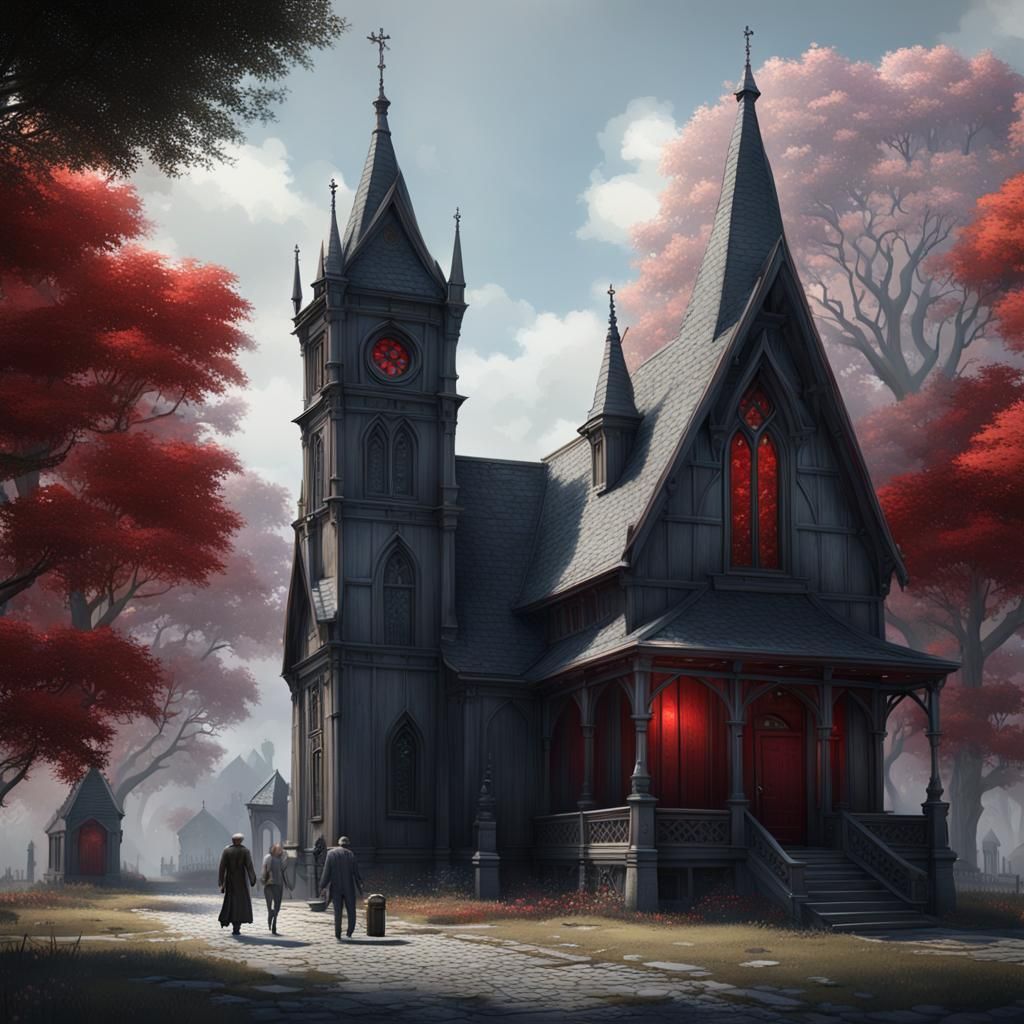 Victorian Gothic House with Figures, Digital Art