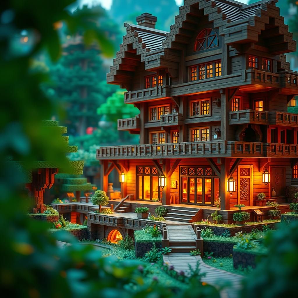 Multi-Level Minecraft Wooden House in Digital Art Style