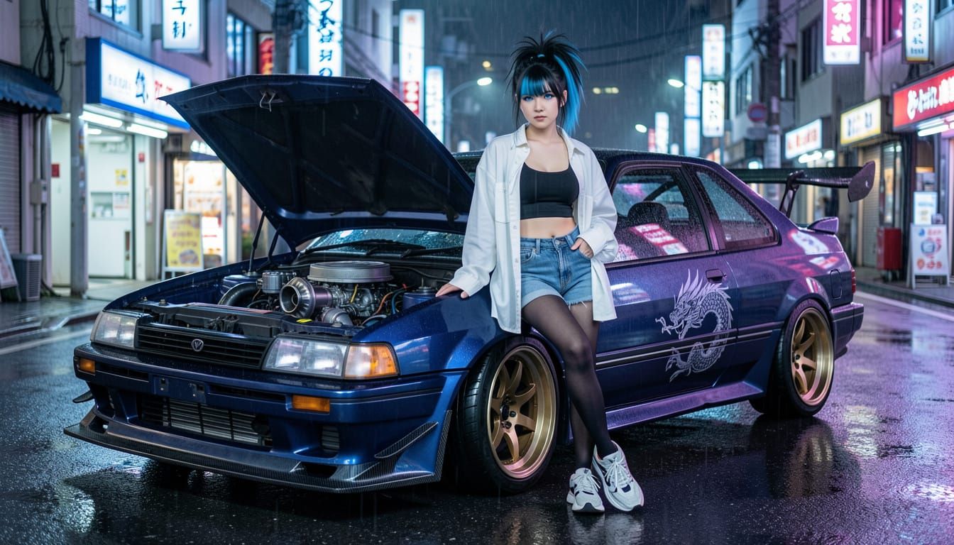 Drift Queen and Midnight Blue AE86 in Neon Tokyo