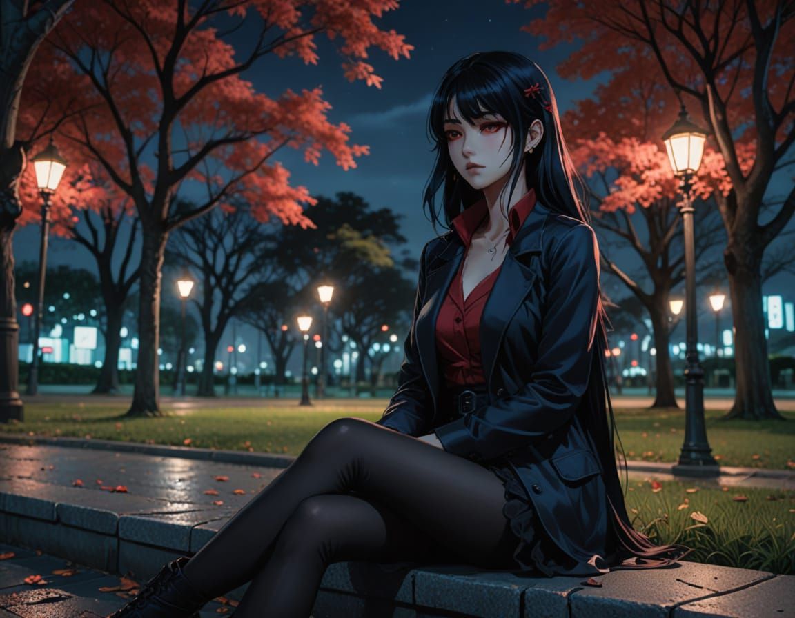 Anime Woman in Gothic Park at Night