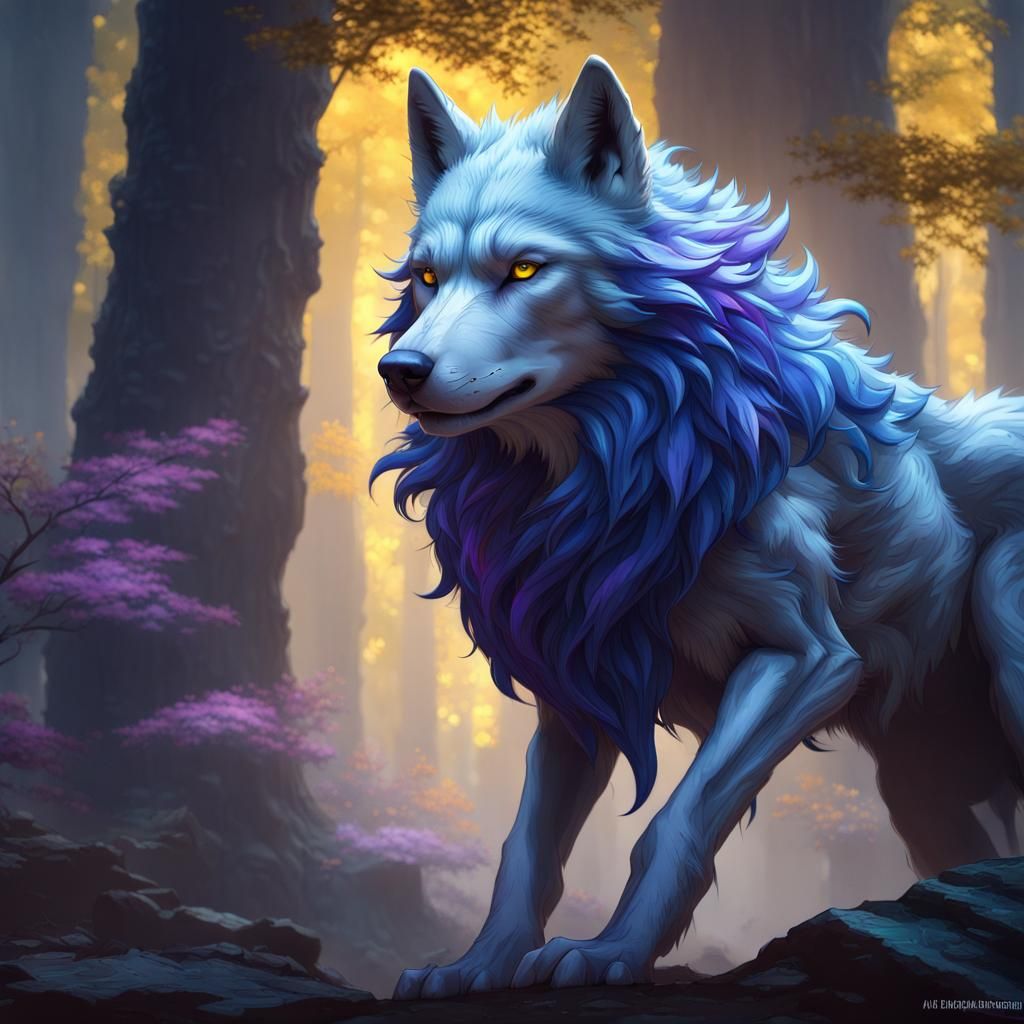 Majestic Blue-Haired Wolf in Dark Fantasy Style