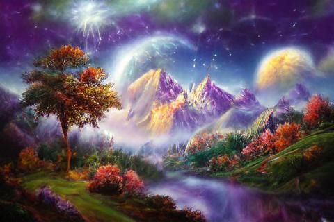 Iridescent Fantasy Landscape with Starry Night Sky